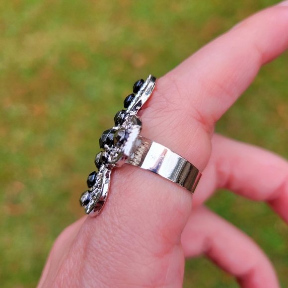 Joy of the Saints Silver Cross Black Crystal Gemstone Ring One Size Fits All - Picture 8 of 12